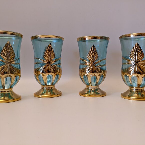 Vintage RARE Imperial Glass Blue & Gold Pitcher Set - Pitcher Jug 4 Goblets - Picture 9 of 13
